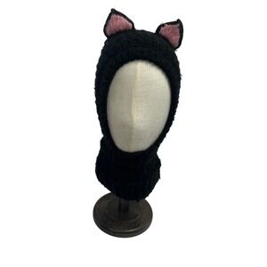 Andes Gifts Black Alpaca Blend Cat Ear Balaclava Knit Hood Mask Made in Peru